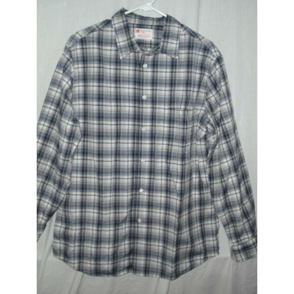 Mens Large Plaid Button-Up Shirt Long Sleeve Cotton/Polyester Blend Blue & White - Picture 2 of 7